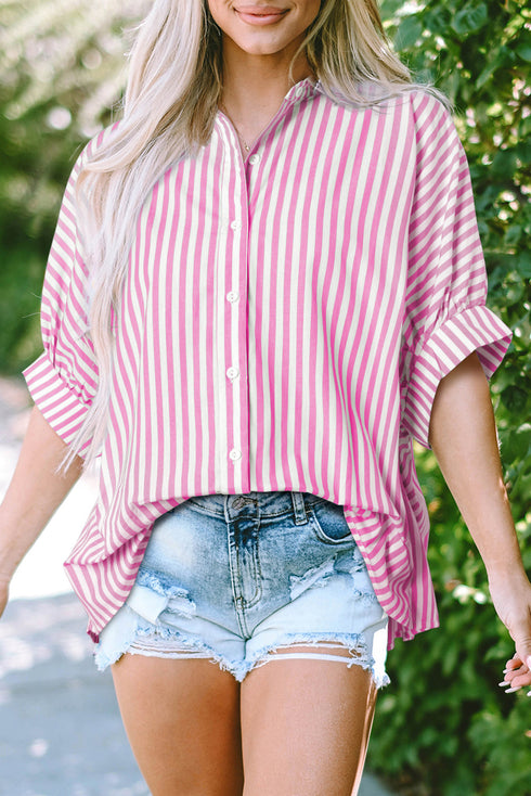 Oversized Striped Short Sleeve Button Down Shirt