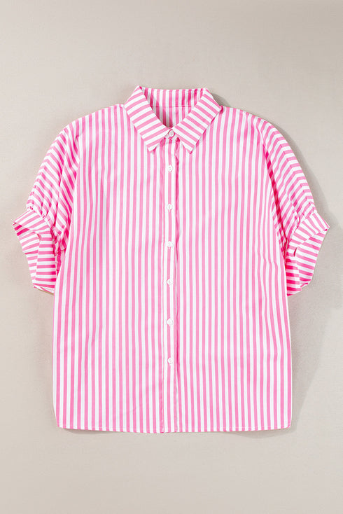 Oversized Striped Short Sleeve Button Down Shirt