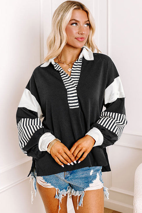 Oversized Striped Sleeve V Neck Collegiate Rugby Shirt