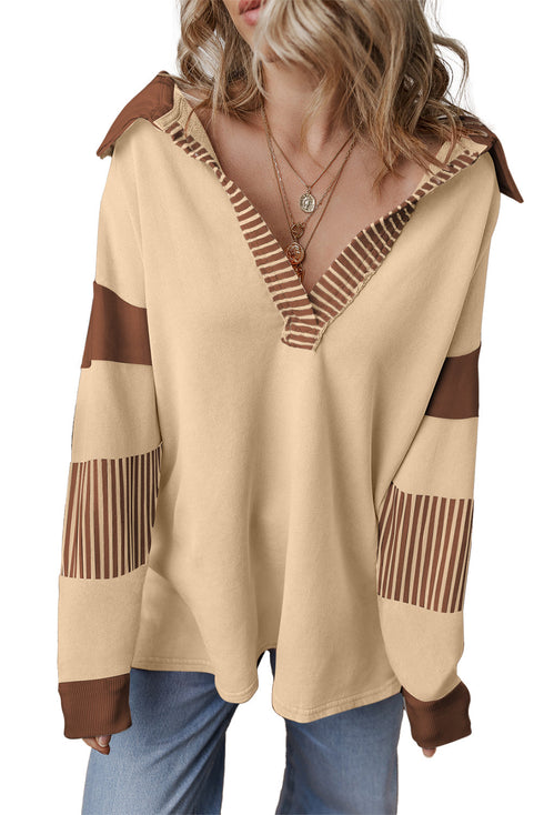 Oversized Striped Sleeve V Neck Collegiate Rugby Shirt