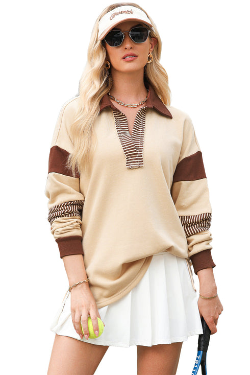 Oversized Striped Sleeve V Neck Collegiate Rugby Shirt