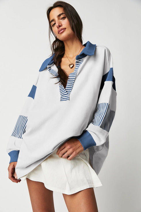 Oversized Striped Sleeve V Neck Collegiate Rugby Shirt