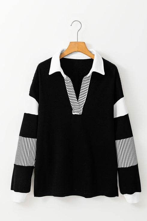 Oversized Striped Sleeve V Neck Collegiate Rugby Shirt