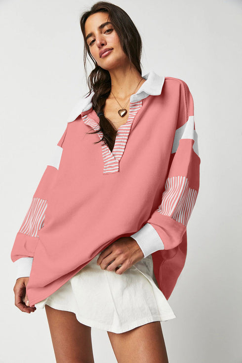 Oversized Striped Sleeve V Neck Collegiate Rugby Shirt