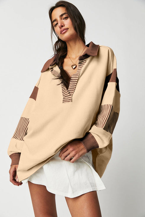 Oversized Striped Sleeve V Neck Collegiate Rugby Shirt