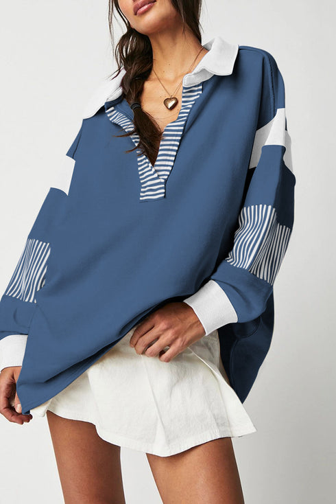Oversized Striped Sleeve V Neck Collegiate Rugby Shirt
