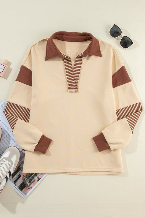 Oversized Striped Sleeve V Neck Collegiate Rugby Shirt