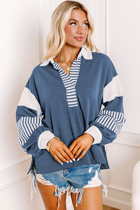 Oversized Striped Sleeve V Neck Collegiate Rugby Shirt