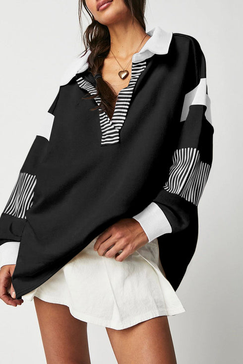 Oversized Striped Sleeve V Neck Collegiate Rugby Shirt