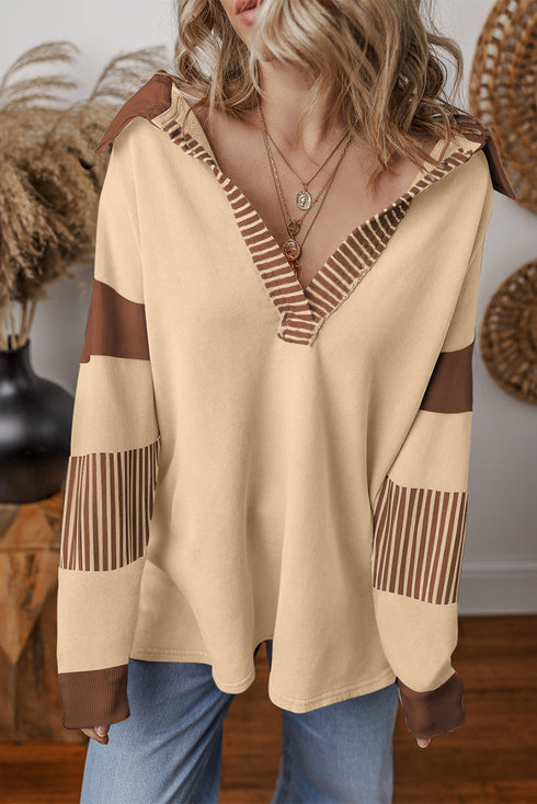 Oversized Striped Sleeve V Neck Collegiate Rugby Shirt