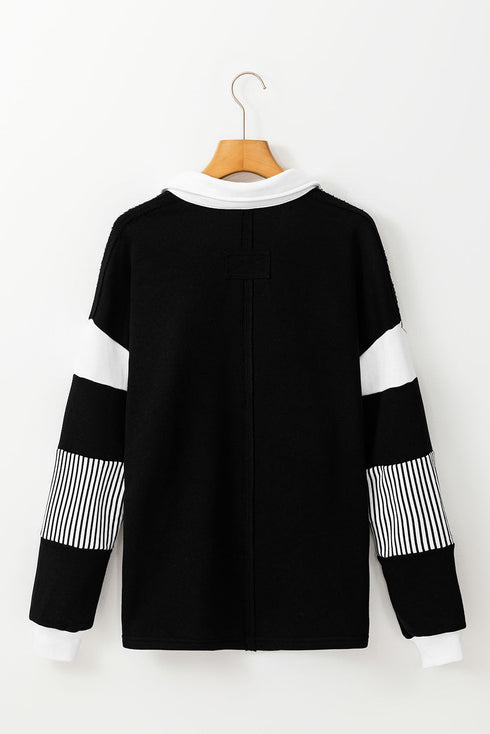 Oversized Striped Sleeve V Neck Collegiate Rugby Shirt