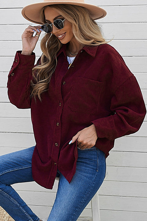 Oversized Textured Corduroy Button Down Pocket Shirt
