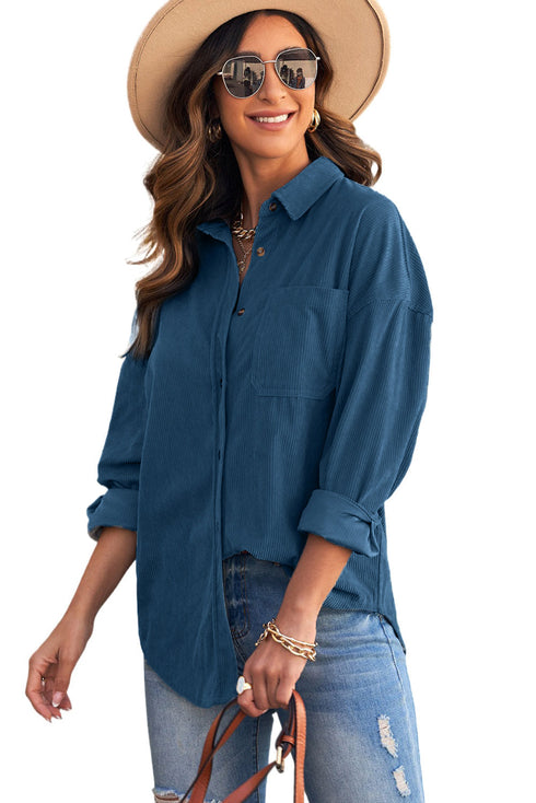 Oversized Textured Corduroy Button Down Pocket Shirt