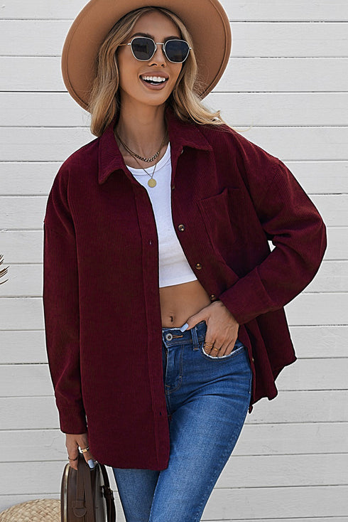 Oversized Textured Corduroy Button Down Pocket Shirt