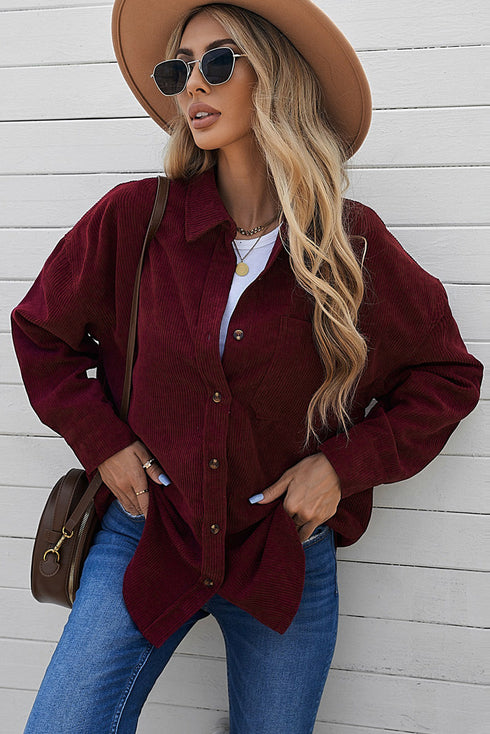 Oversized Textured Corduroy Button Down Pocket Shirt