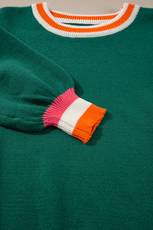 Oversized Textured Knit Striped Trim Pullover Sweater