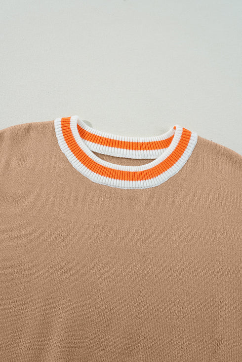 Oversized Textured Knit Striped Trim Pullover Sweater