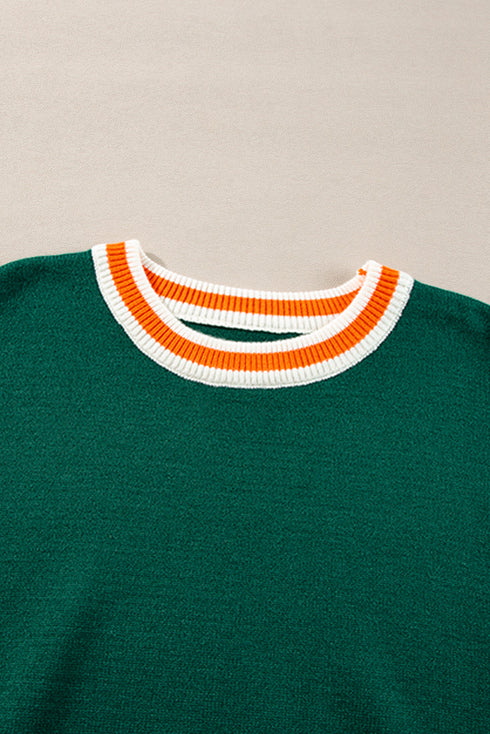 Oversized Textured Knit Striped Trim Pullover Sweater
