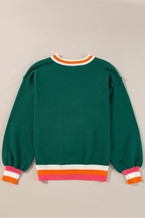 Oversized Textured Knit Striped Trim Pullover Sweater
