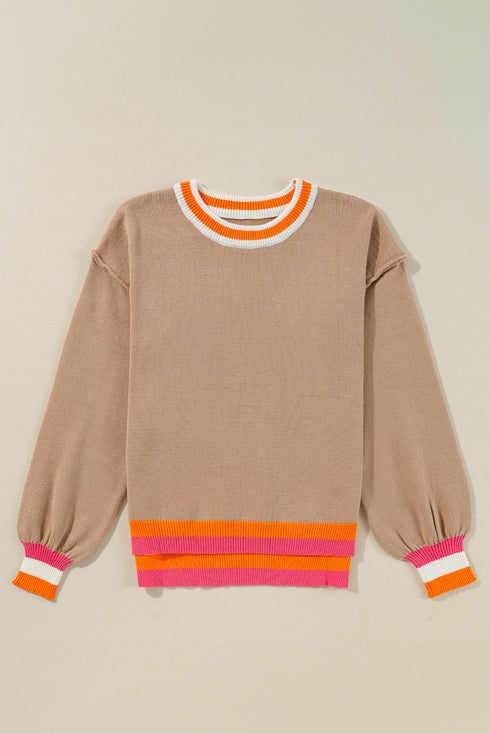 Oversized Textured Knit Striped Trim Pullover Sweater