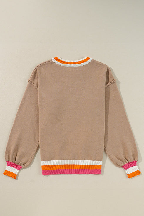 Oversized Textured Knit Striped Trim Pullover Sweater