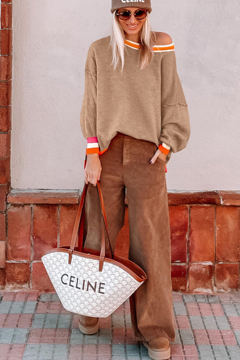 Oversized Textured Knit Striped Trim Pullover Sweater