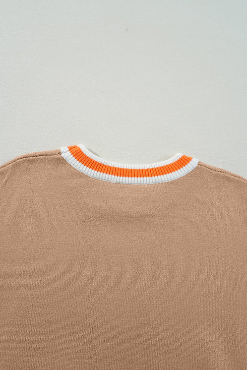Oversized Textured Knit Striped Trim Pullover Sweater