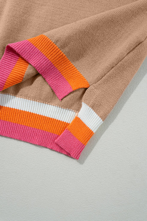 Oversized Textured Knit Striped Trim Pullover Sweater