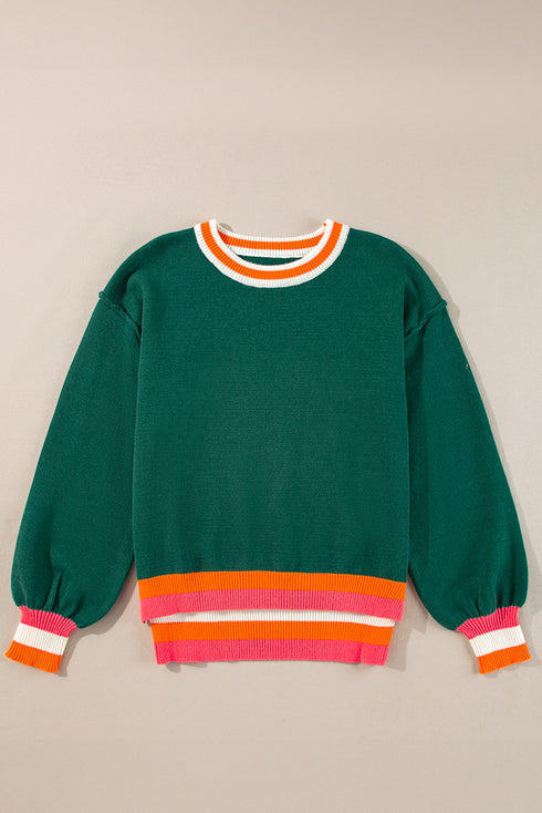 Oversized Textured Knit Striped Trim Pullover Sweater