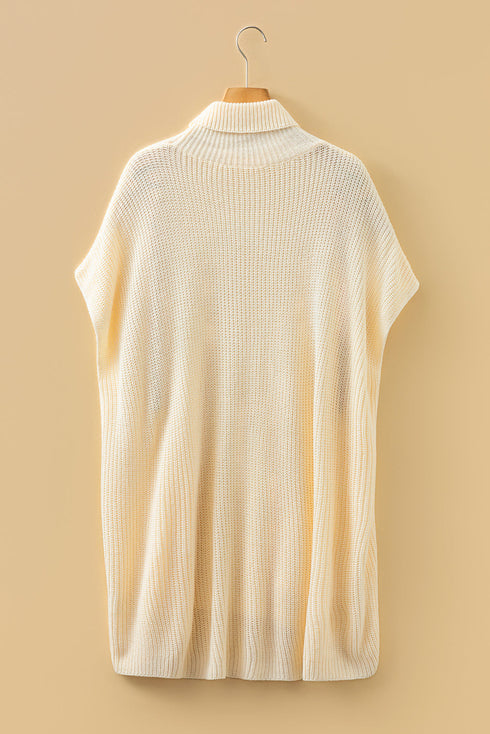 Oversized Textured Knit Turtleneck Pocket Poncho Sweater