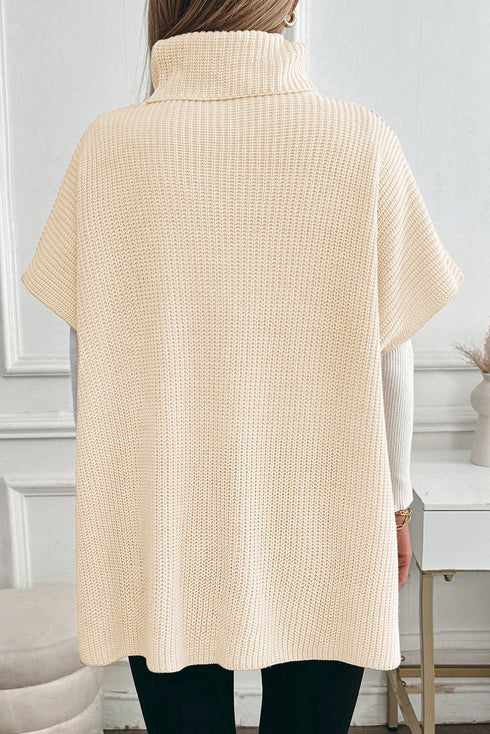 Oversized Textured Knit Turtleneck Pocket Poncho Sweater