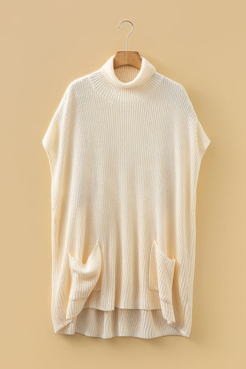 Oversized Textured Knit Turtleneck Pocket Poncho Sweater