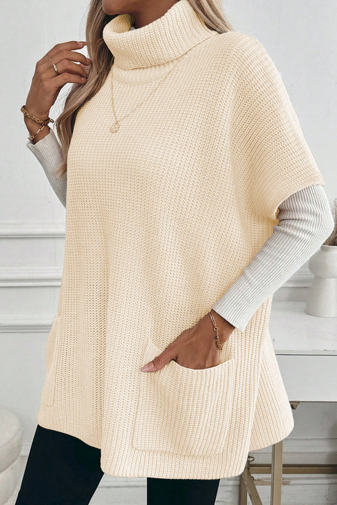 Oversized Textured Knit Turtleneck Pocket Poncho Sweater