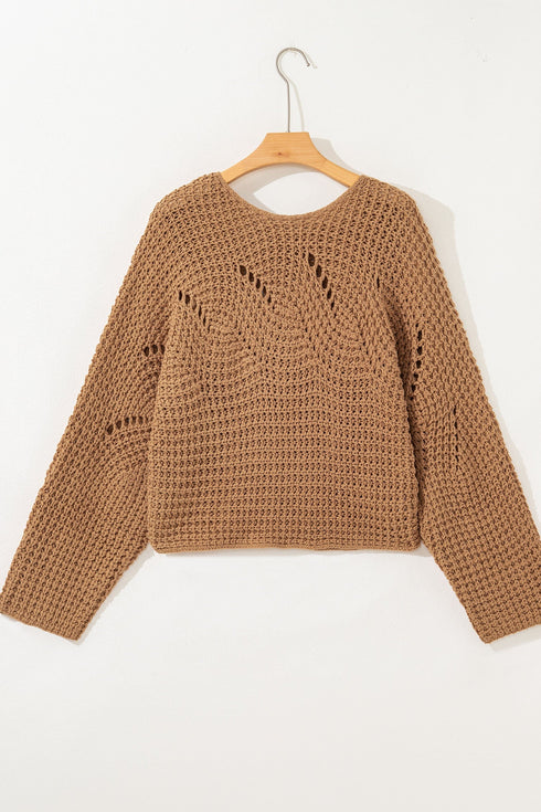Oversized Textured Open Knit Bell Sleeve V Neck Sweater