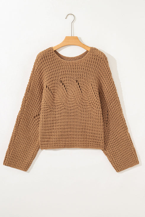 Oversized Textured Open Knit Bell Sleeve V Neck Sweater