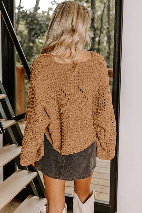 Oversized Textured Open Knit Bell Sleeve V Neck Sweater