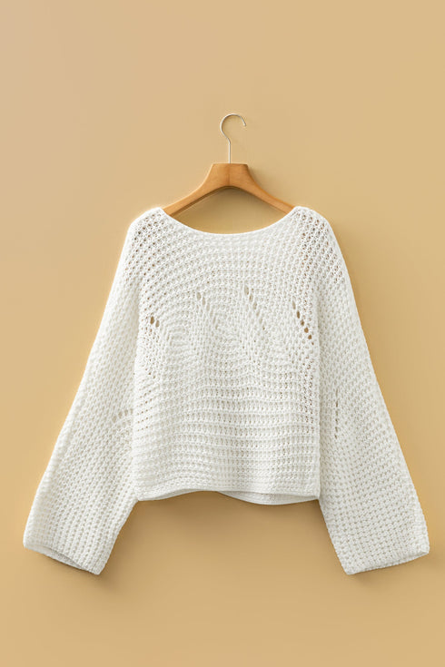 Oversized Textured Open Knit Bell Sleeve V Neck Sweater