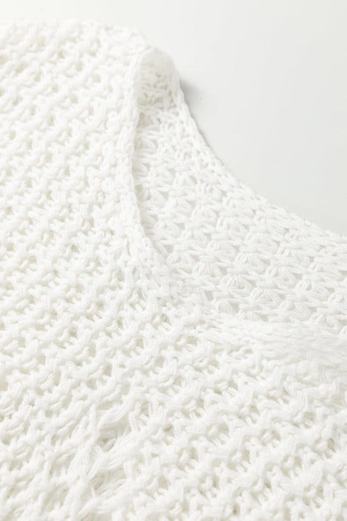 Oversized Textured Open Knit Bell Sleeve V Neck Sweater