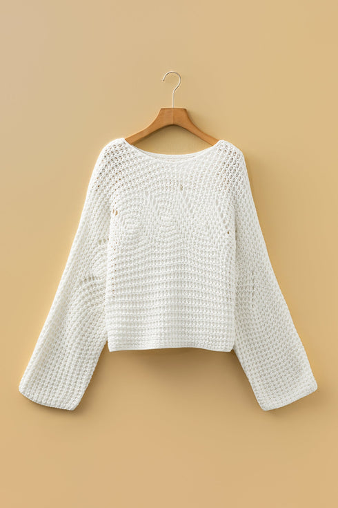 Oversized Textured Open Knit Bell Sleeve V Neck Sweater