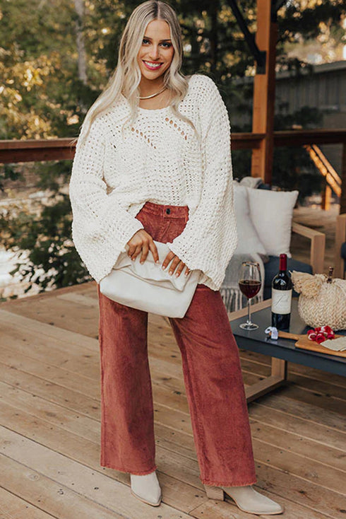 Oversized Textured Open Knit Bell Sleeve V Neck Sweater