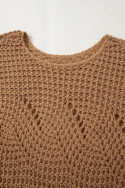 Oversized Textured Open Knit Bell Sleeve V Neck Sweater