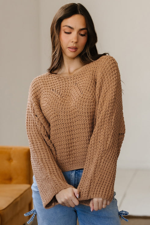 Oversized Textured Open Knit Bell Sleeve V Neck Sweater