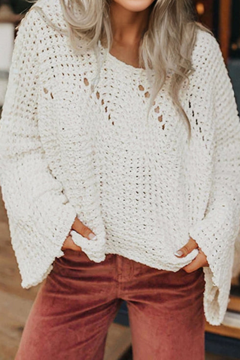 Oversized Textured Open Knit Bell Sleeve V Neck Sweater