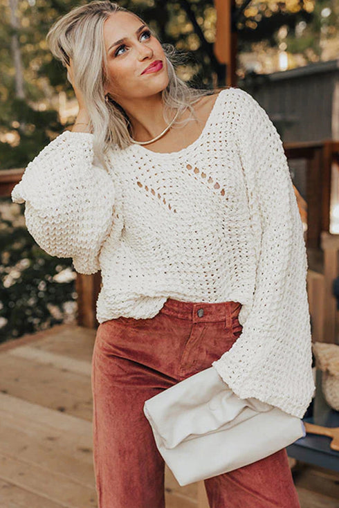 Oversized Textured Open Knit Bell Sleeve V Neck Sweater