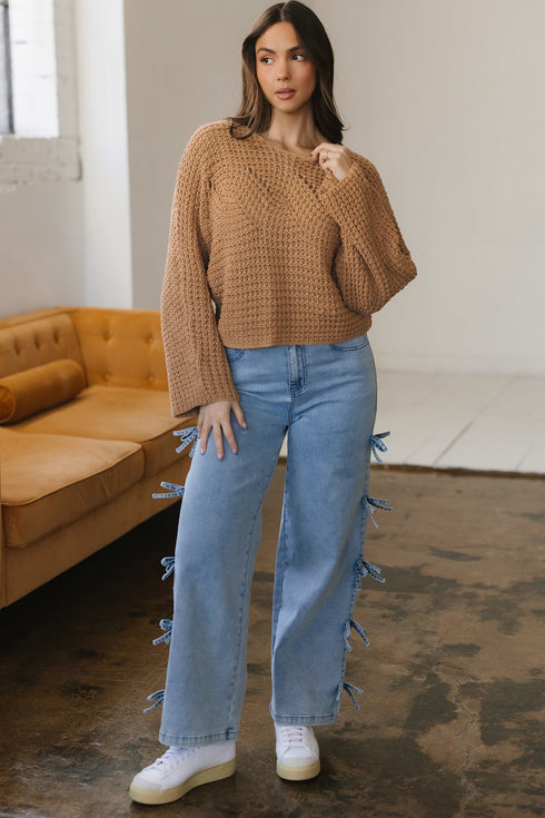 Oversized Textured Open Knit Bell Sleeve V Neck Sweater