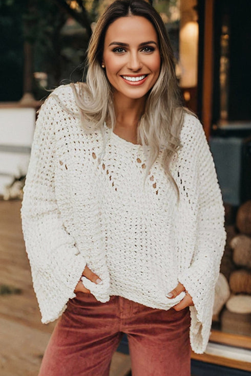 Oversized Textured Open Knit Bell Sleeve V Neck Sweater