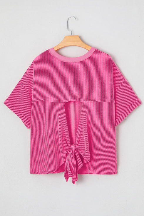 Oversized Textured Ribbed Open Back Bow Detail Shirt