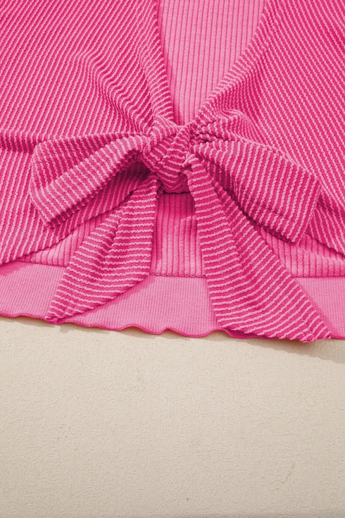 Oversized Textured Ribbed Open Back Bow Detail Shirt