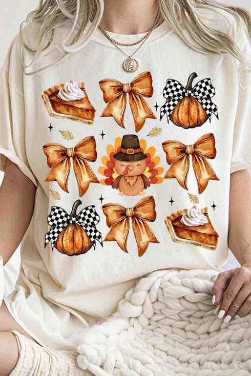 Oversized Turkey Pie And Bows Holiday Graphic Shirt
