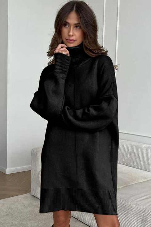 Oversized Turtleneck Center Seam Knit Sweater Dress